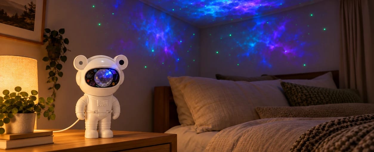 Habitación con el proyector encendido: galaxia en techo y paredes