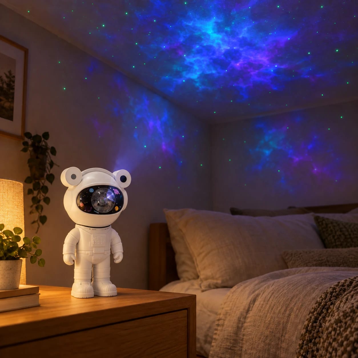 Proyector astronauta nubilua iluminando un dormitorio con una galaxia